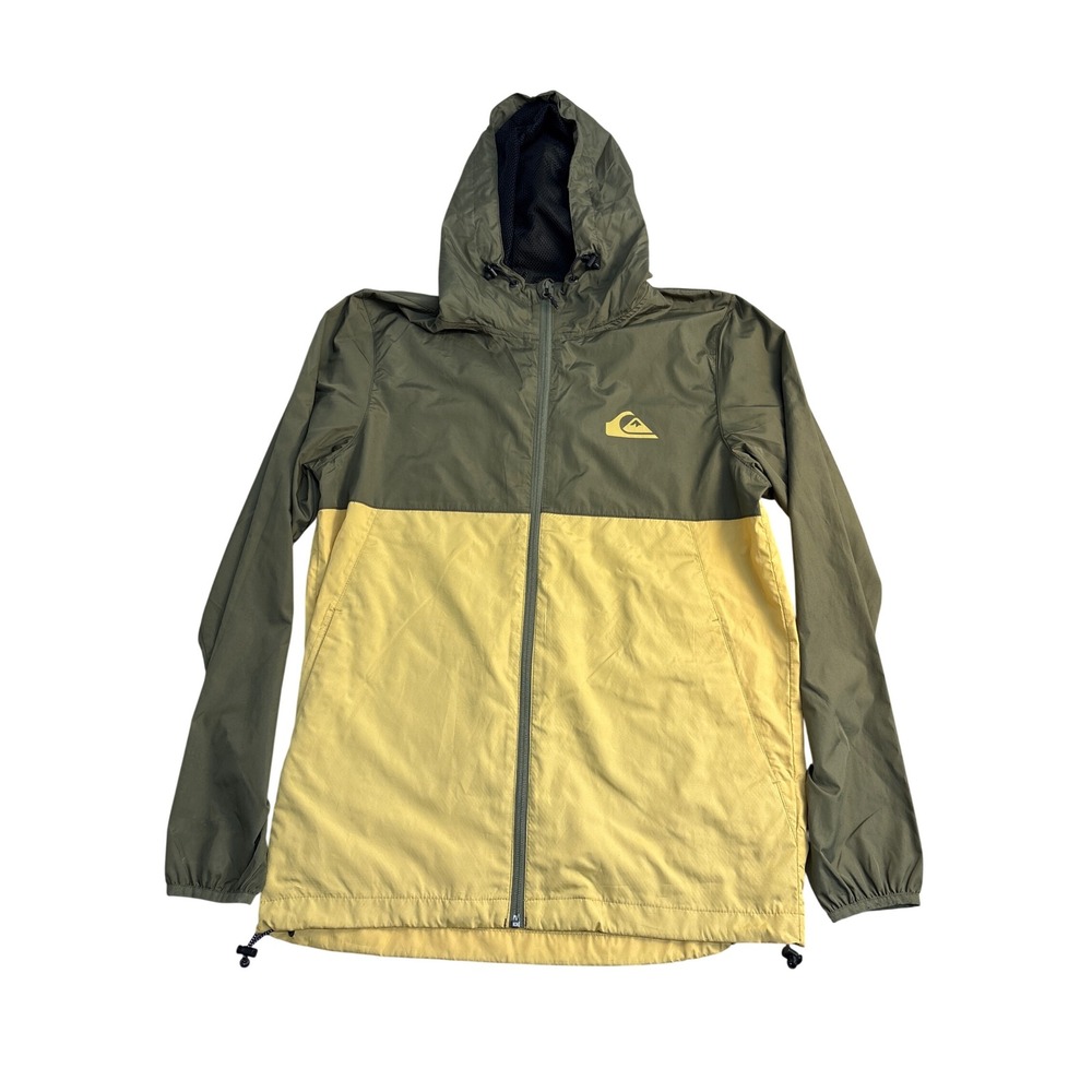 Quiksilver Mens Windbreaker Jacket Green Yellow Colorblock Hooded Mesh Lined L